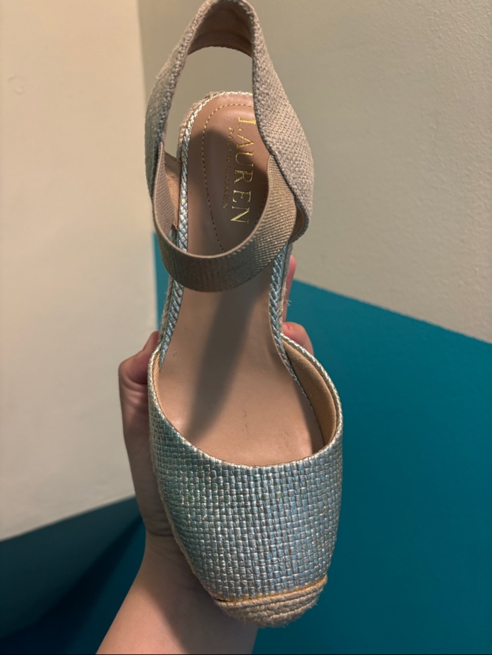 Lauren Ralph Lauren Light Tan and Metallic Espadrille Wedge Sandals